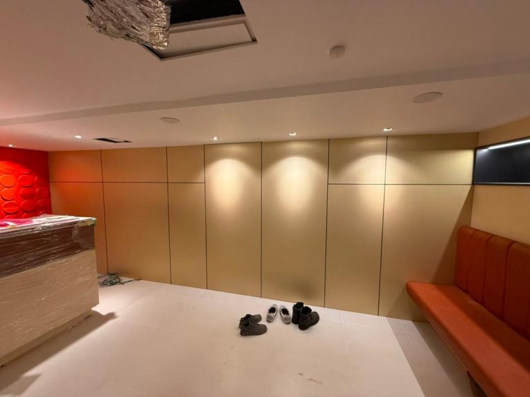 Corporate office reception feature wall, seating and interior finishing