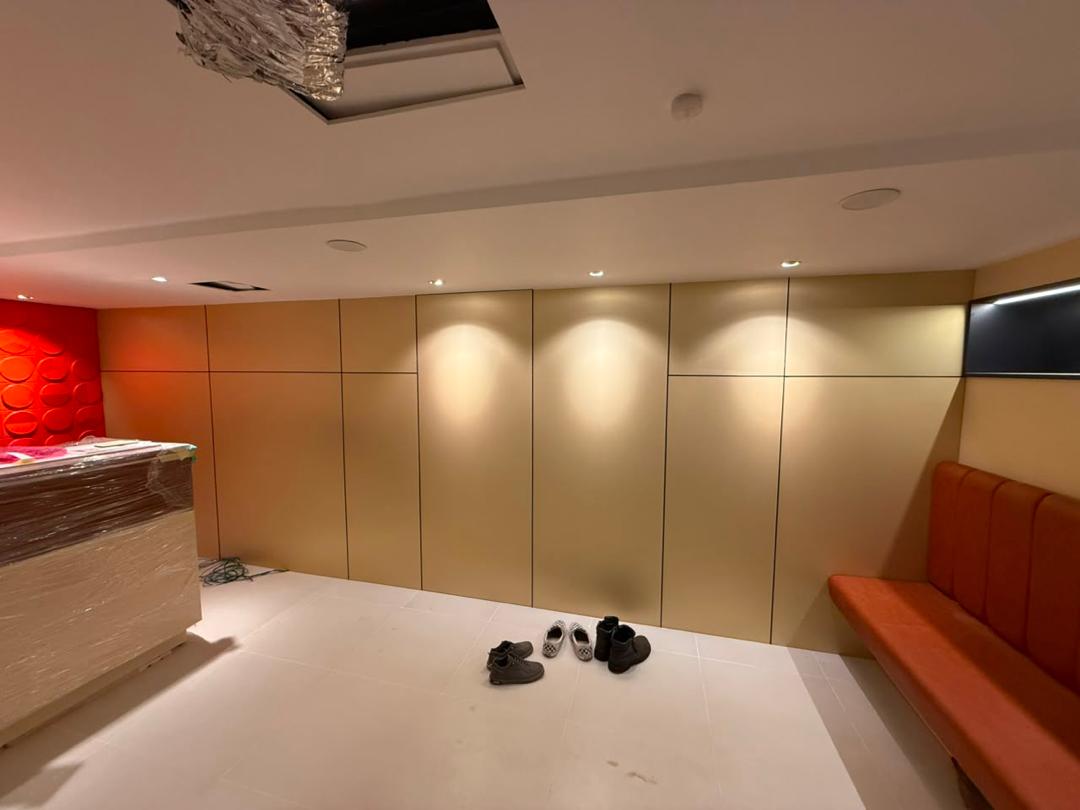 Corporate office reception feature wall, seating and interior finishing